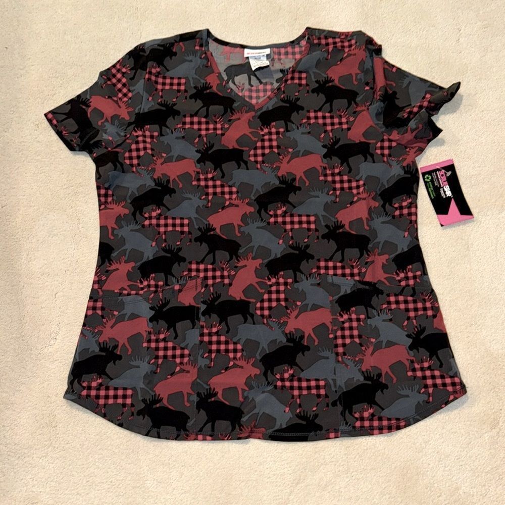 Scrubstar Women's "Fall Friends" V-Neck Scrub Top-Moose. Size large